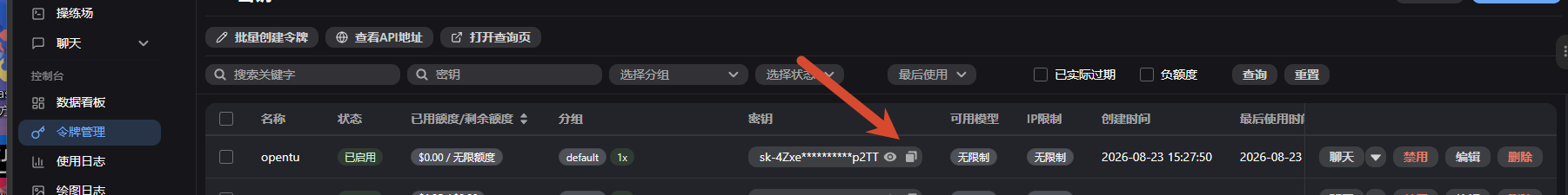 从 API 密钥列表复制令牌密钥